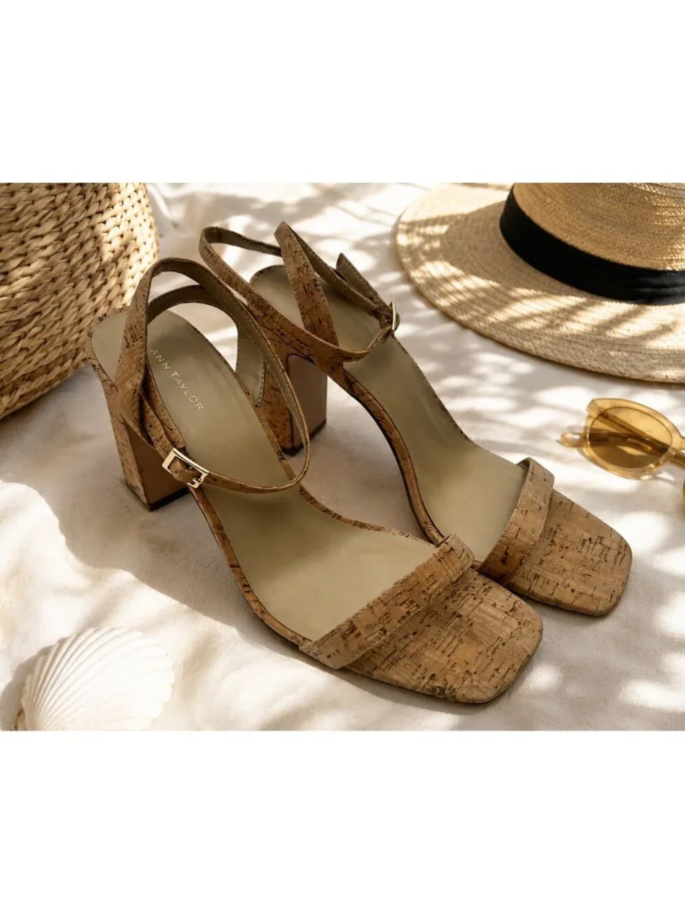 Ann Taylor Cork Ankle-Strap Block Heel Sandals Womens Size 9 Work Party Shoes